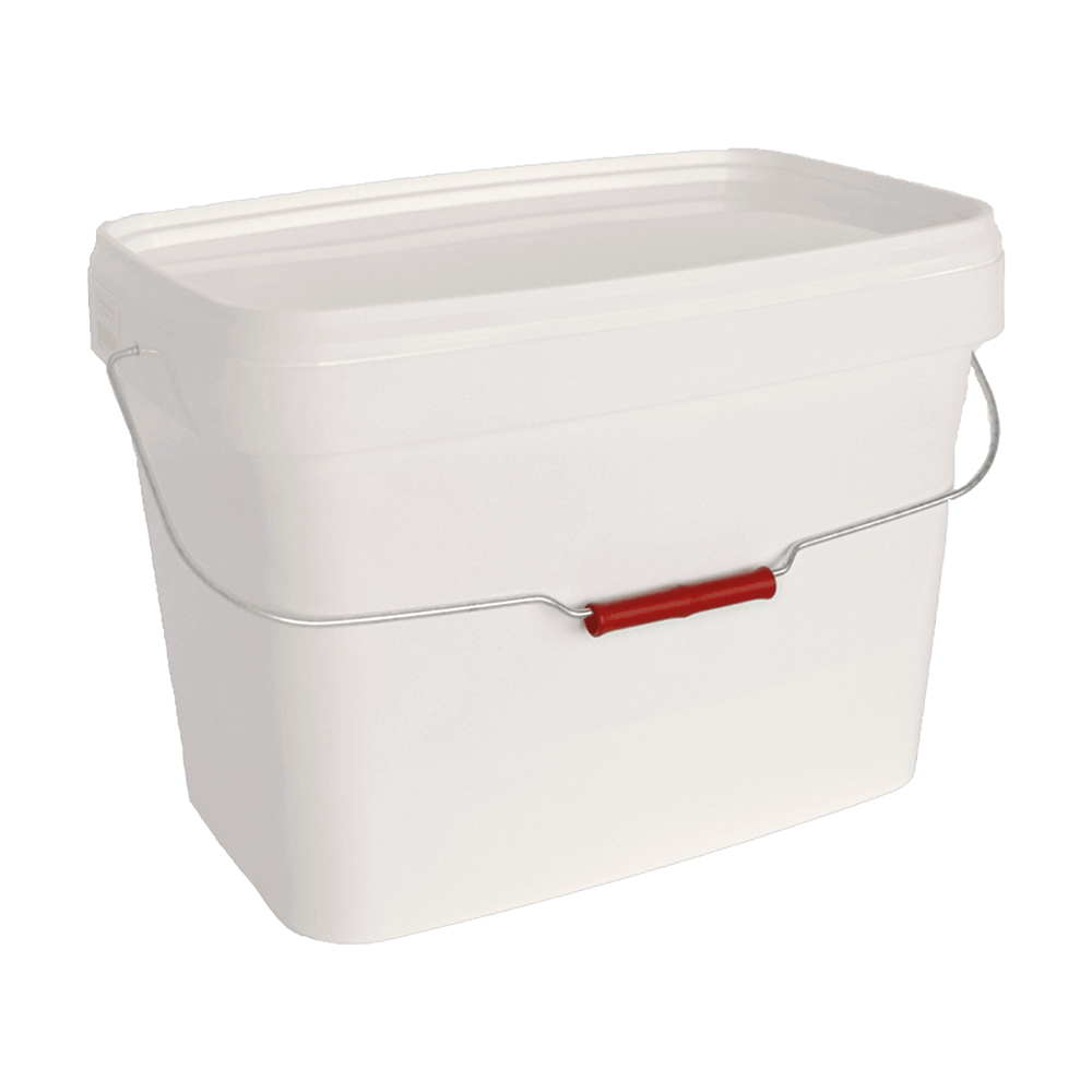 Mehlbox mit Metallbügel creme-farbige Mehlbox, rechteckig mit einem silbernen Metallbügel, der mit einem roten Kunststoffteil in der Mitte umrandet ist.