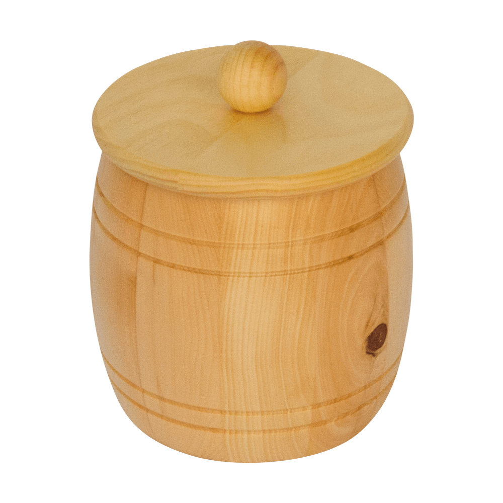 Besonders schönes Getreidefass, innen naturbelassen und außen mit Zirbenlack behandelt. Getreidefass mit Holzdeckel, ohne Hintergrund.