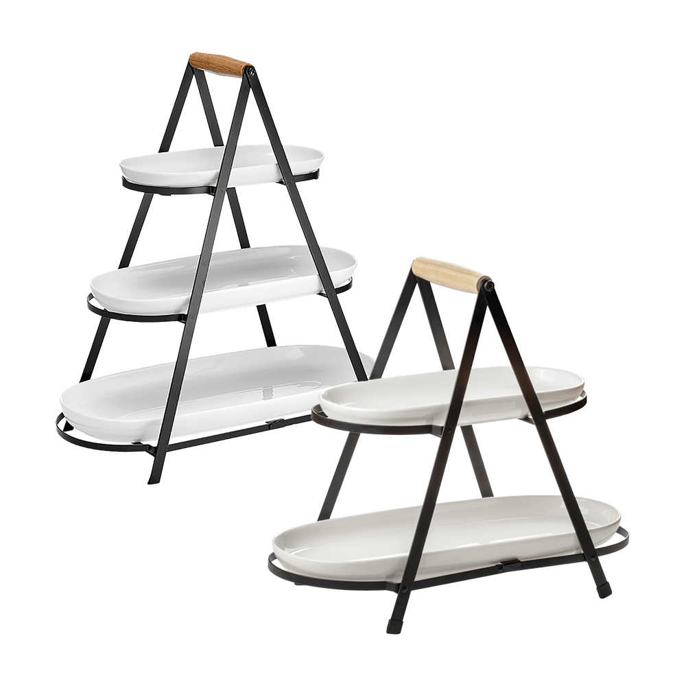 Etagere in der 3-stöckigen und 2-stöckigen Ausführung voreinander ohne Hintergrund.