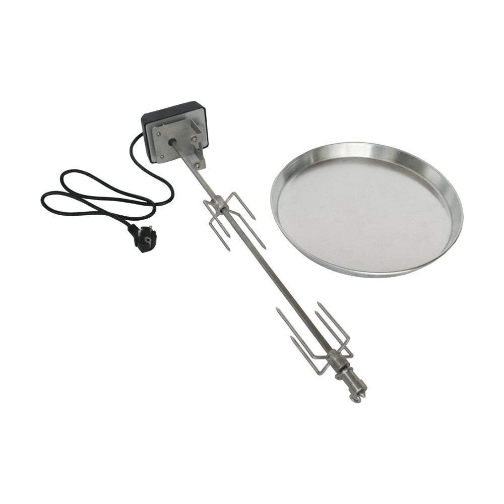 Elektrischer Grillspieß Elektrischer Grillspieß zum Grillen von Hähnchen auf dem Pelletgrill inkl. Tropfschale ohne Hintergrund.