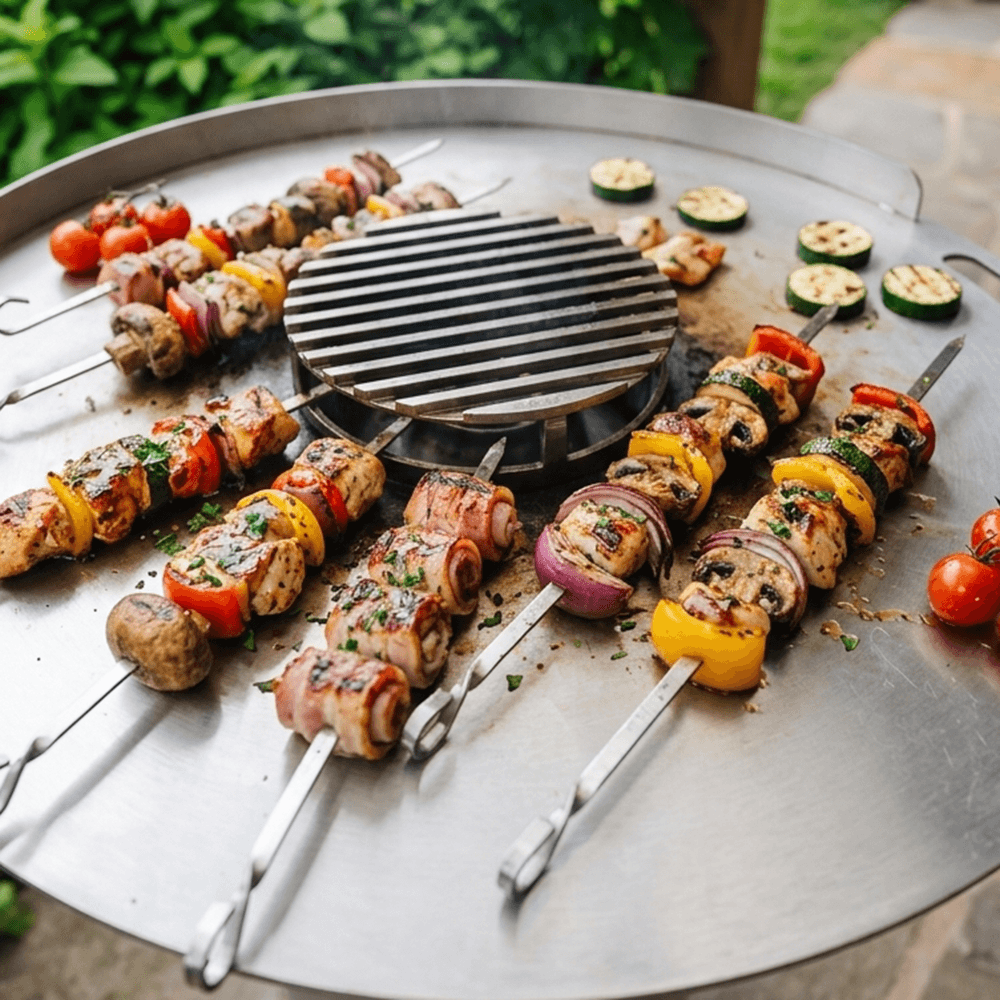 Bunte Grillspiesse vom Häussler Pelletgrill Edelstahl-Feuerplatte auf der 7 bunte Grillspieße liegen. Etwas Gemüse drumherum und in der Mitte eine Grillplatte