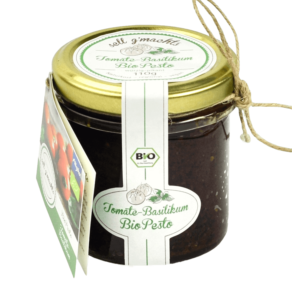 Tomate-Basilikum Bio Pesto Ein Glas rotes, Tomate-Basilikum von Sell g´machts