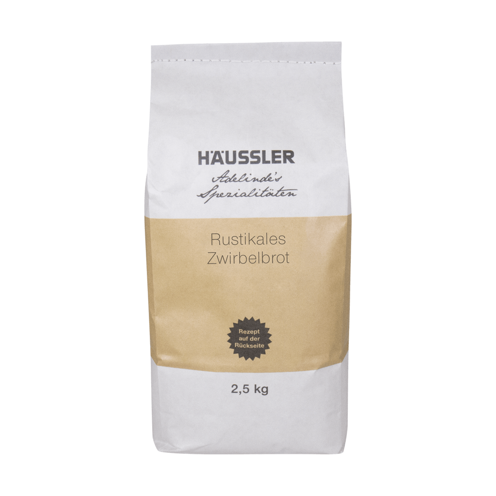 Rustikales Zwirbelbrot 2,5kg 2,5 Kilogramm Packung mit einer Mehlmischung für rustikales Zwirbelbrot. Es ist eine weiße Packung abgebildet mit einem bräunlichen Streifen in der Mitte und schwarzer Aufschrift.