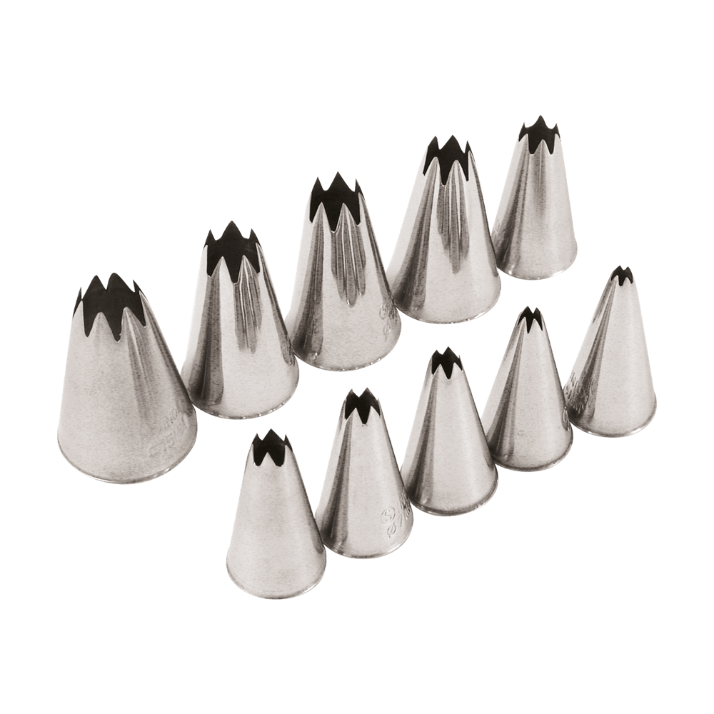 Sterntüllenset 10 teiliges Sterntüllenset aus Edelstahl. Diese haben unterschiedliche Durchmesser. Von 4 bis 10 sowie 12, 13 und 15 Millimeter. Ohne Hintergrund abgebildet.