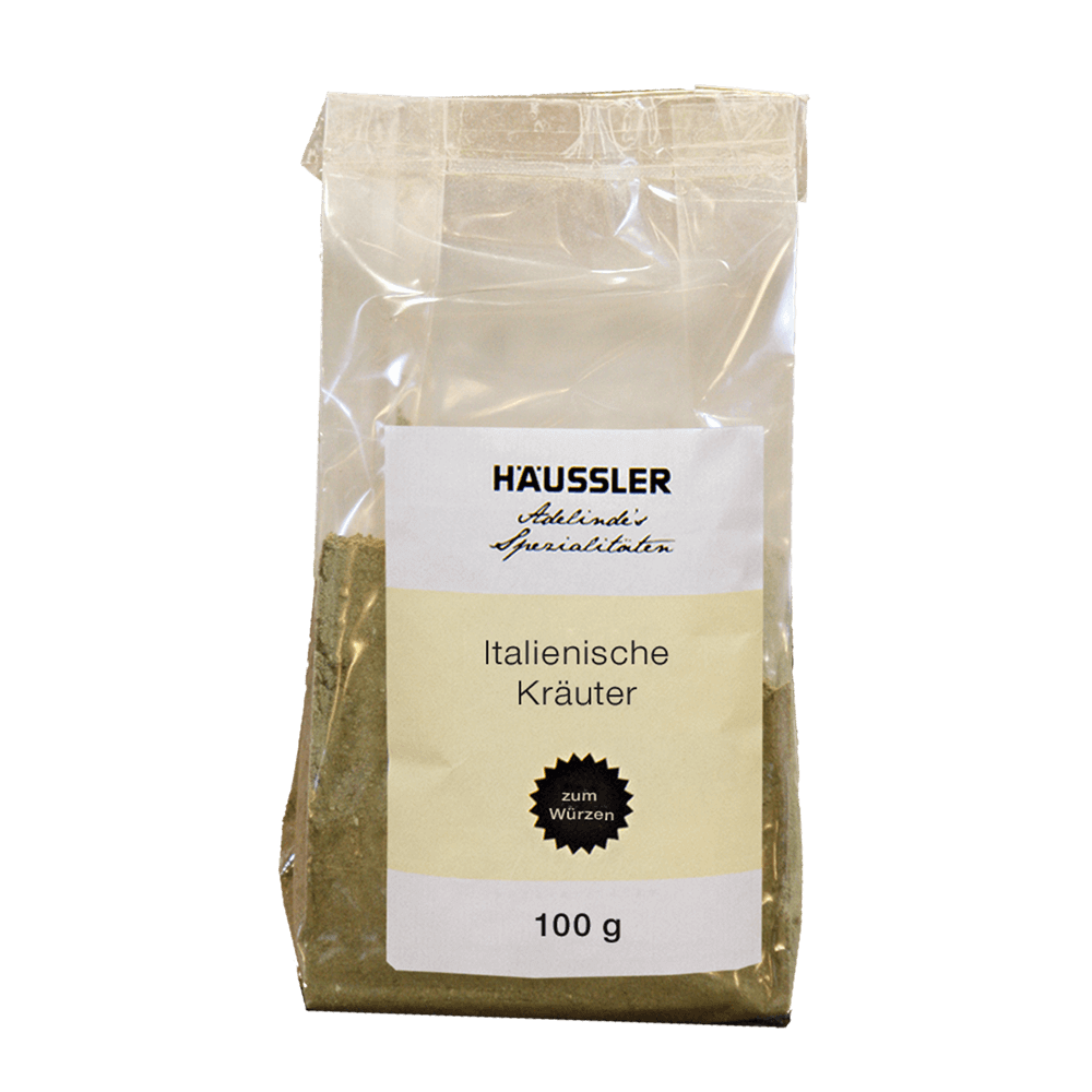 Italienische Kräuter Italienische Kräuter in transparenter 100 g Verpackung ohne Hintergrund.