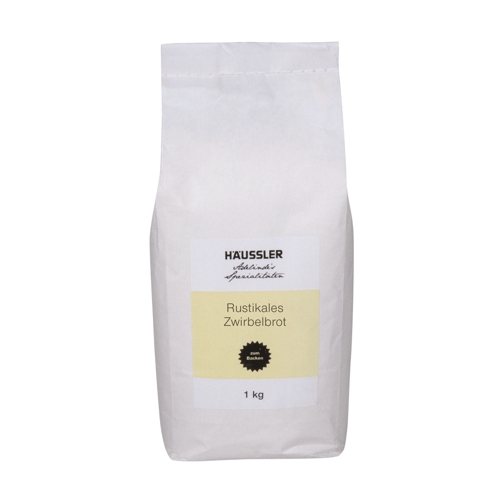 Rustikales Zwirbelbrot 1 Kilogramm Packung mit Mehlmischung für rustikales Zwirbelbrot mit Etikett mit schwarzer Aufschrift