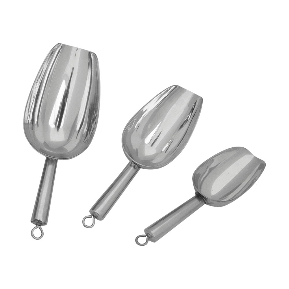 Abwiegeschaufeln aus Edelstahl in drei verschiedenen Größen ohne Hintergrund.
