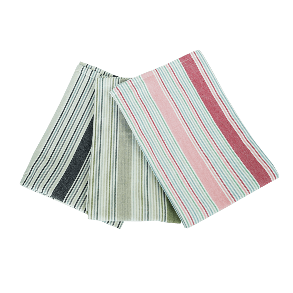 Geschirrtücher in drei verschiedenen Farbausführung nebeneinander ohne Hintergrund.