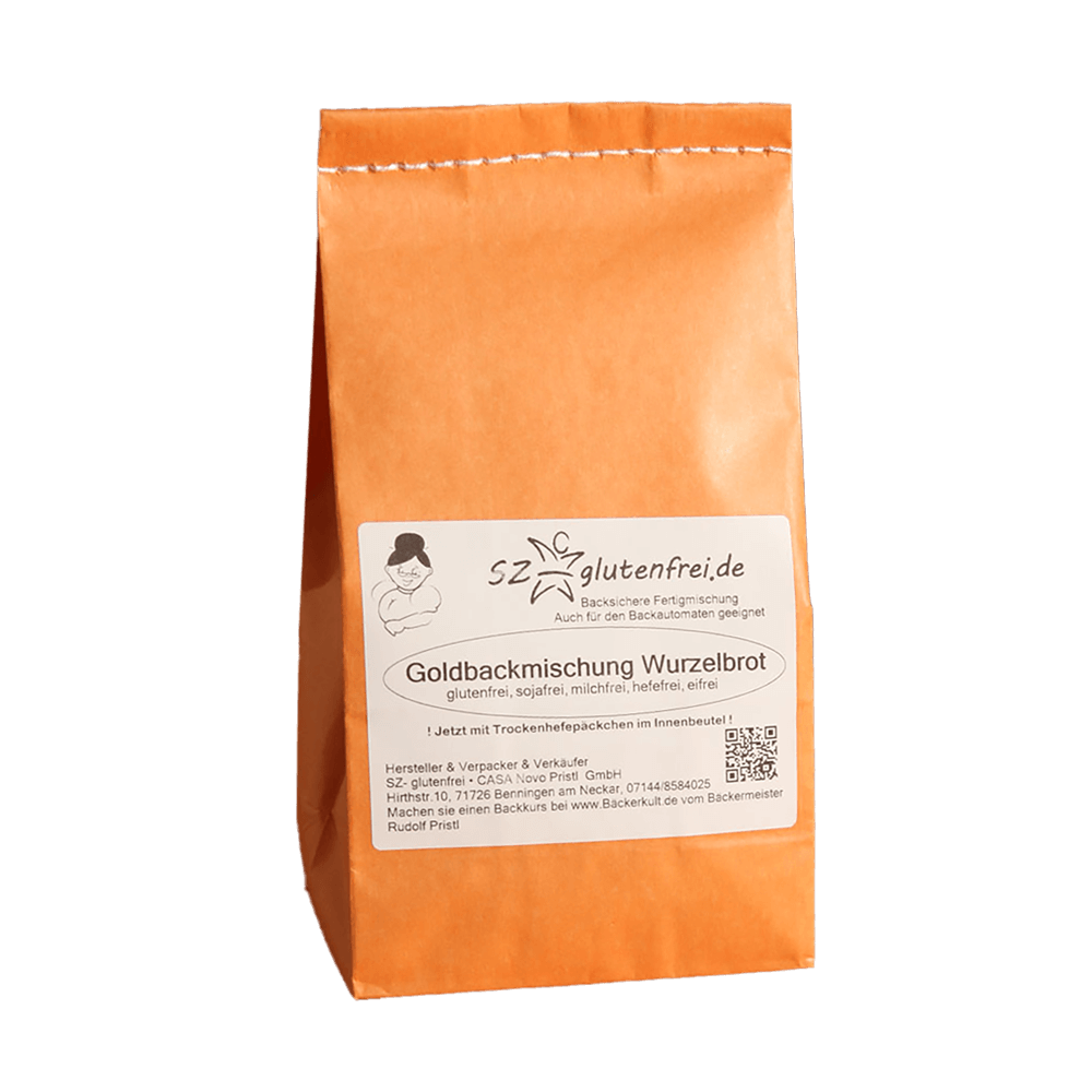 Glutenfreie Backmischung Wurzelbrot Glutenfreie Backmischung für Wurzelbrot in einer orangenen Papiertüte ohne Hintergrund.