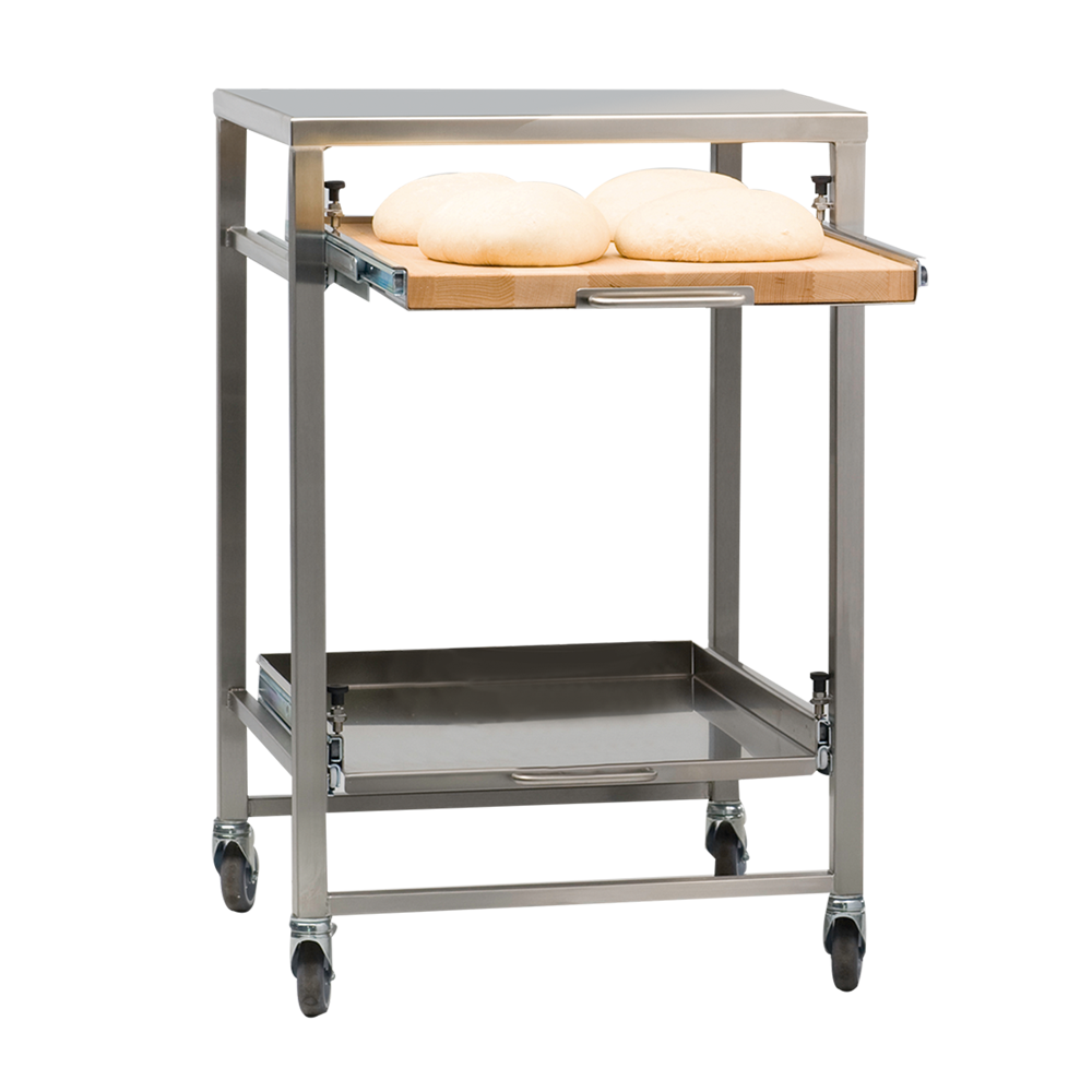 Backstation ST1 Backstation aus Edelstahl mit zwei ausziehbaren Auszügen und Rollen. Ein Auszug besitzt eine massive Buchenholzplatte.