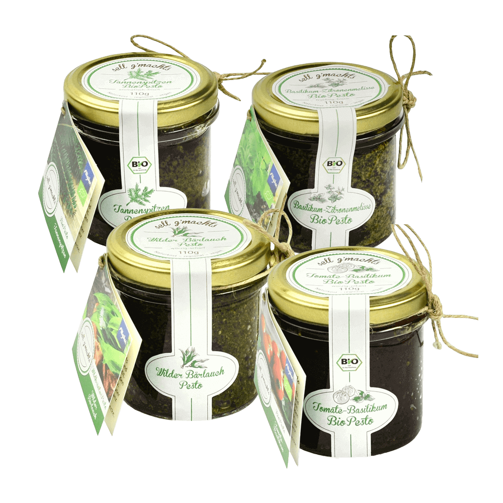 4 Gläser Pesto: Wilder Bärlauch, Basilikum-Zitronenmelisse, Tomate-Basilikum und Tannenspitzen Pesto