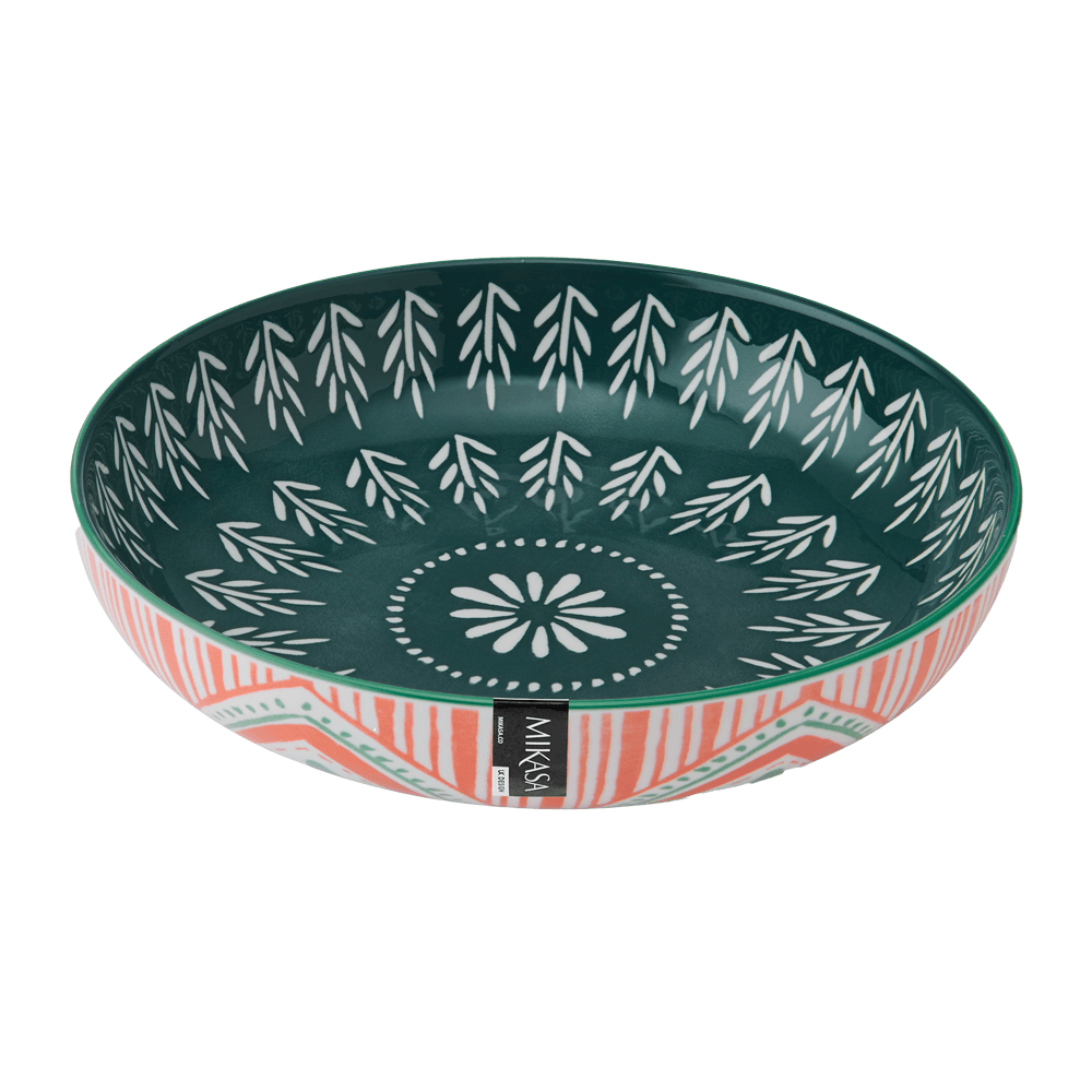 Pasta Bowl - Folk Pasta Bowl mit grünem Muster innen und rot weißem Muster außen, ohne Hintergrund.