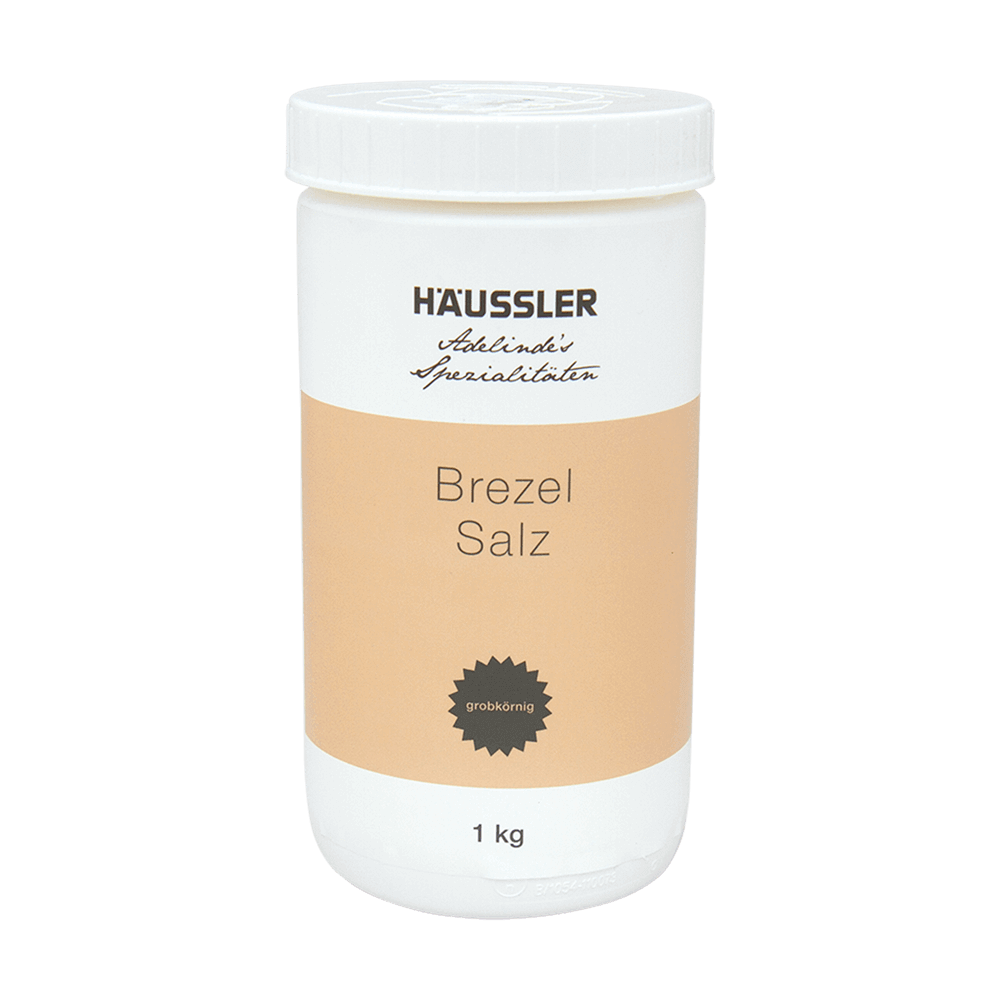 grobes Brezelsalz weiße Dose mit rotem Etikett. Inhalt der Dose ist ein Kilogramm grobes Brezelsalz