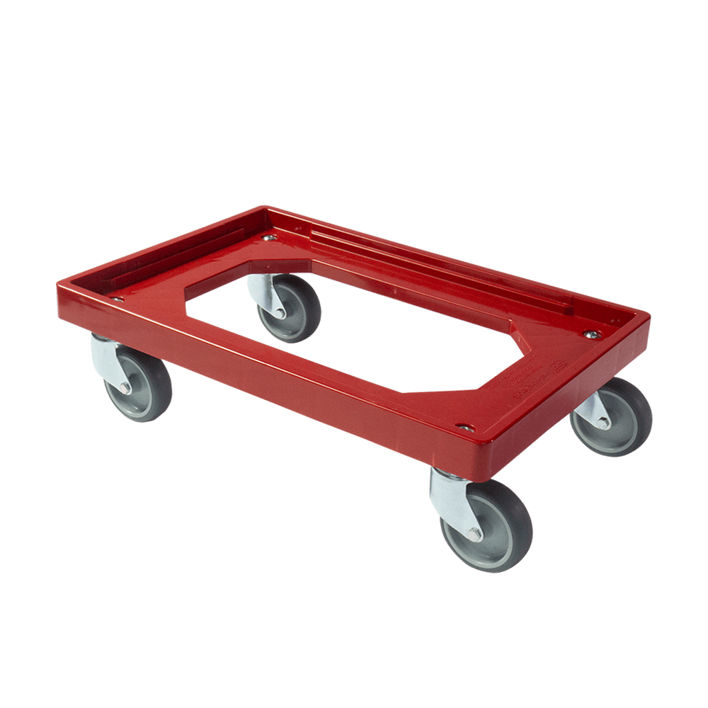 Roter, fahrbarer Nudelwagen für PVC Nudelhorden ohne Hintergrund.