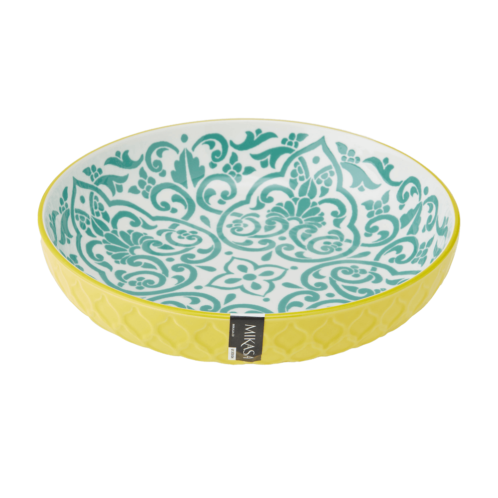 Pasta Bowl - yellow and blue Pasta Bowl mit blauem Muster innen und gelbem Muster außen, ohne Hintergrund.