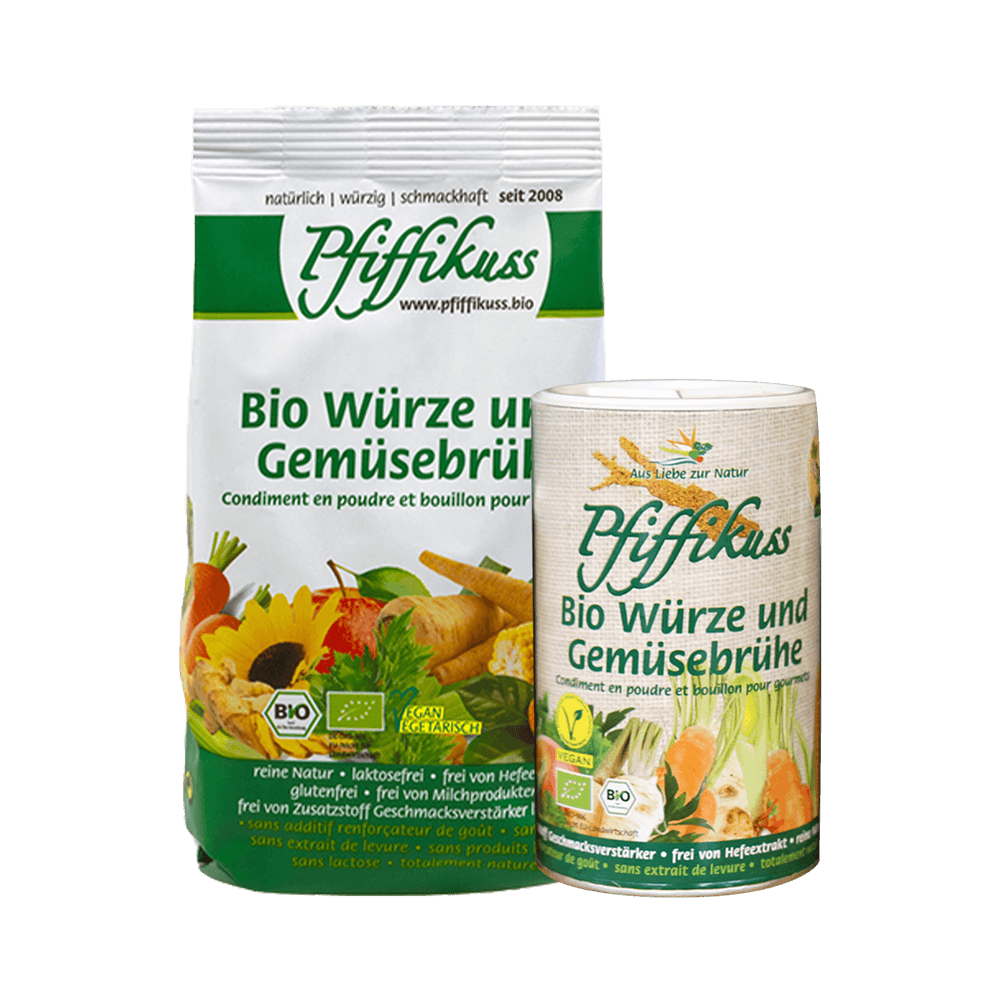 Pfiffikuss Gemüsebrühe Pfiffikuss Gemüsebrühe, als Dose und als Nachfüllpack, nebeneinander ohne Hintergrund.