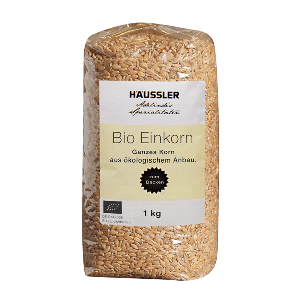 ganze Körner Bio Einkorn in einer 1kg Packung mit gelb-weißem Etikett