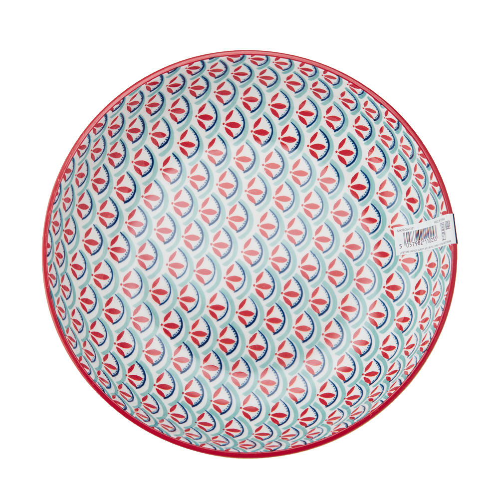 Pasta Bowl - Gemoetric line Pasta Bowl mit rot blauem Muster innen, ohne Hintergrund.