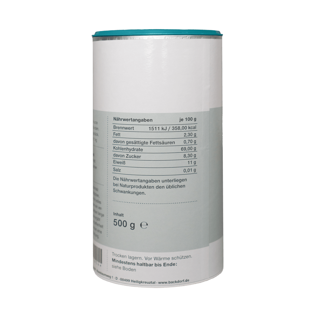 Backmalz aktiv Rückseite der Dose, die Nährwertangaben sind ersichtlich, ohne Hintergrund.