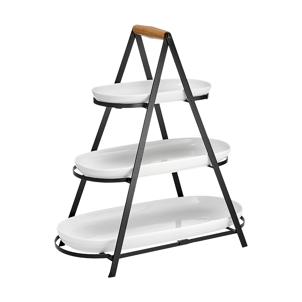 Servierturm 3-etagig Aufgestellter, 3-etagiger Servierturm ohne Hintergrund.