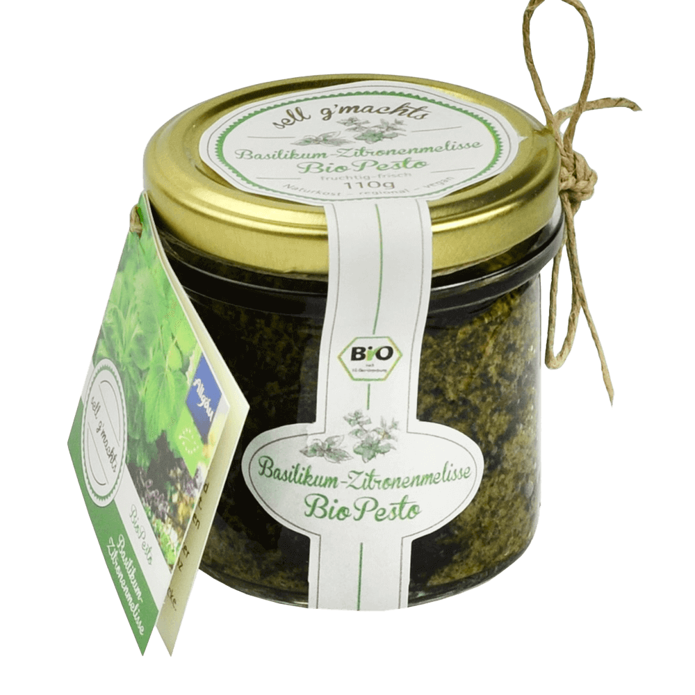 Basilikum-Zitronenmelisse Bio Pesto Ein Glas grünes, Basilikum-Zitronenmelisse Pesto von Sell g´machts