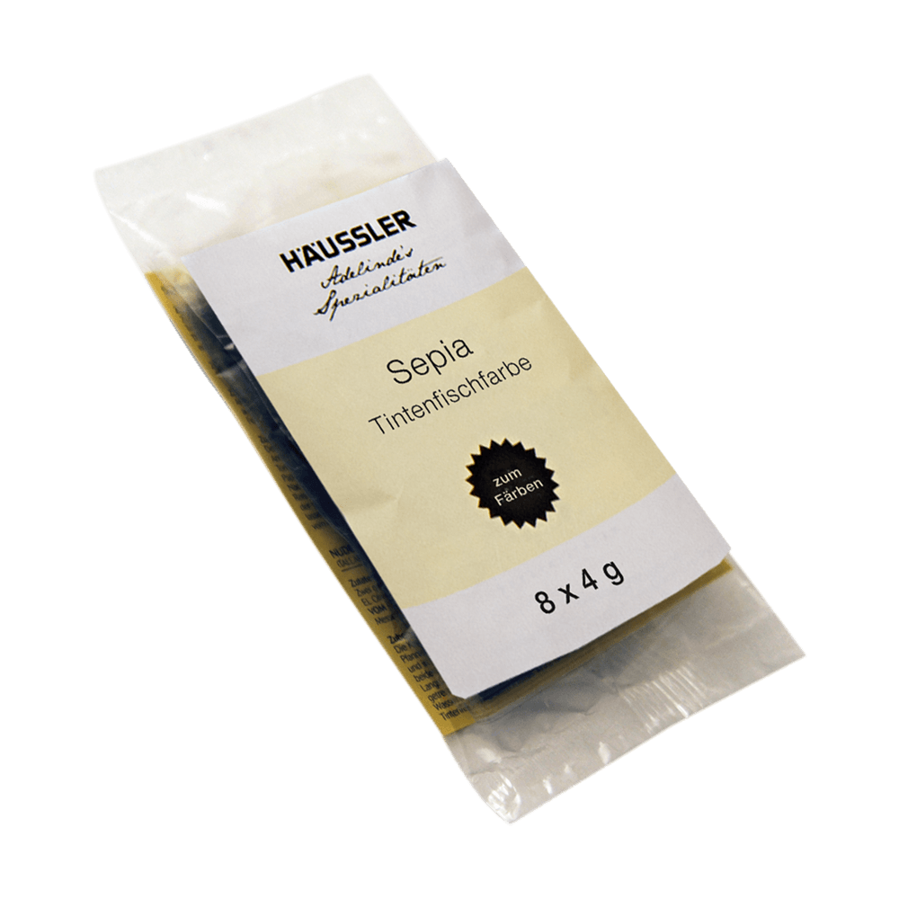 Sepia Tintenfischfarbe 8 x 4 g Durchsichtige Verpackung mit Aufschrift: Sepia-Tintenfischfarbe 8 mal 4 Gramm