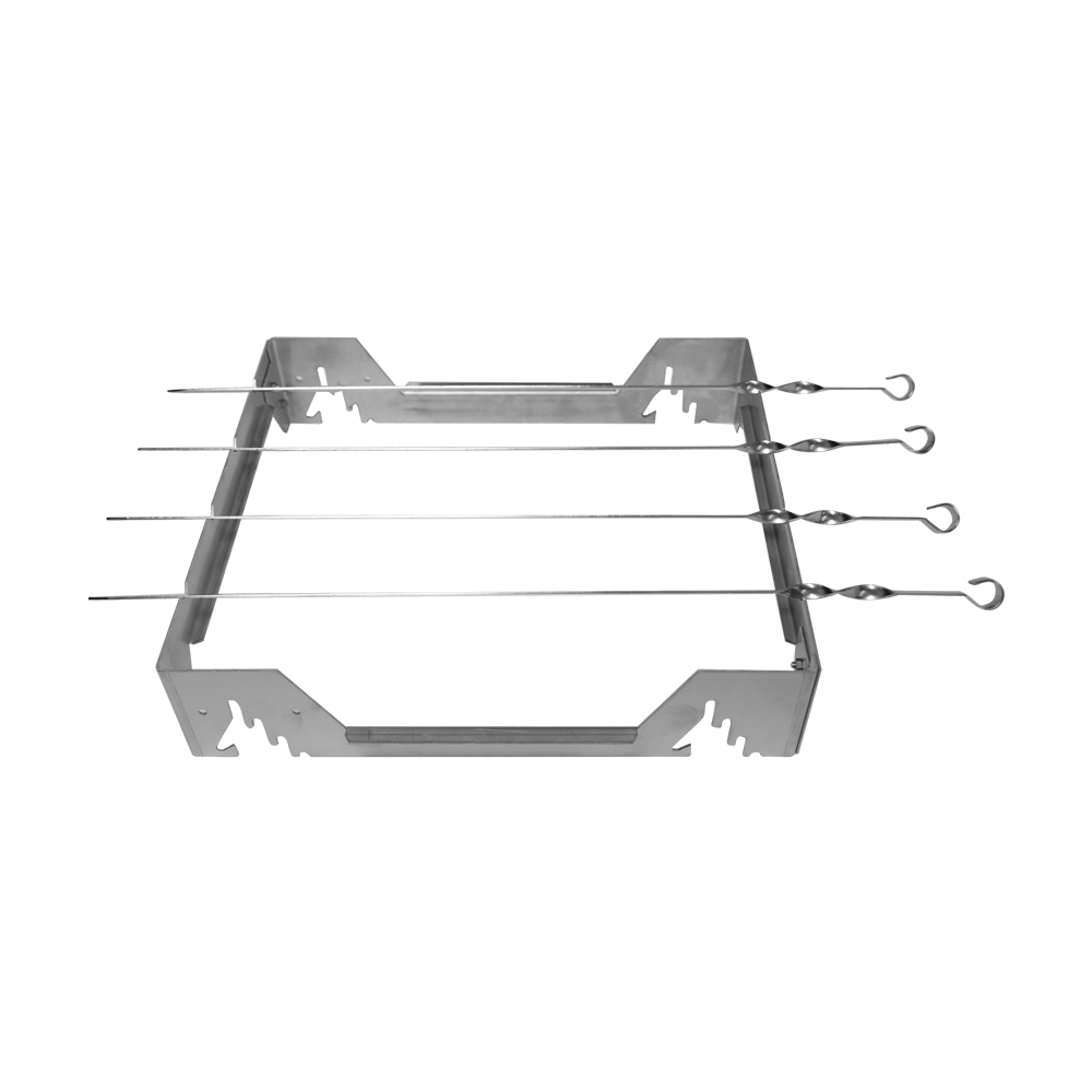 Gestell des Grillrost mit aufgelegten Spießen, jedoch ohne Grillrost, ohne Hintergrund.