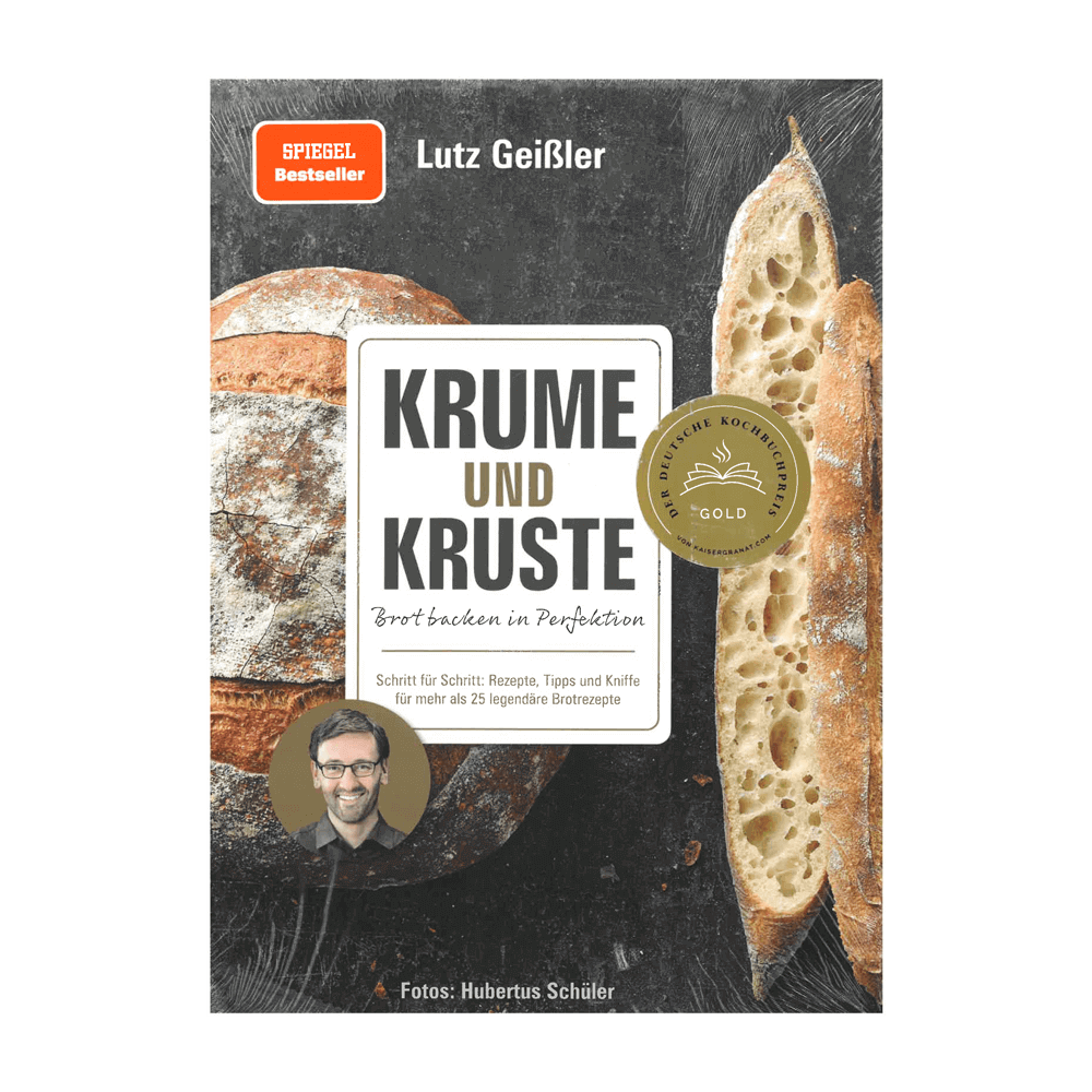 Titel des Buches Krume und Kruste. Darauf ist Gebäck zu sehen