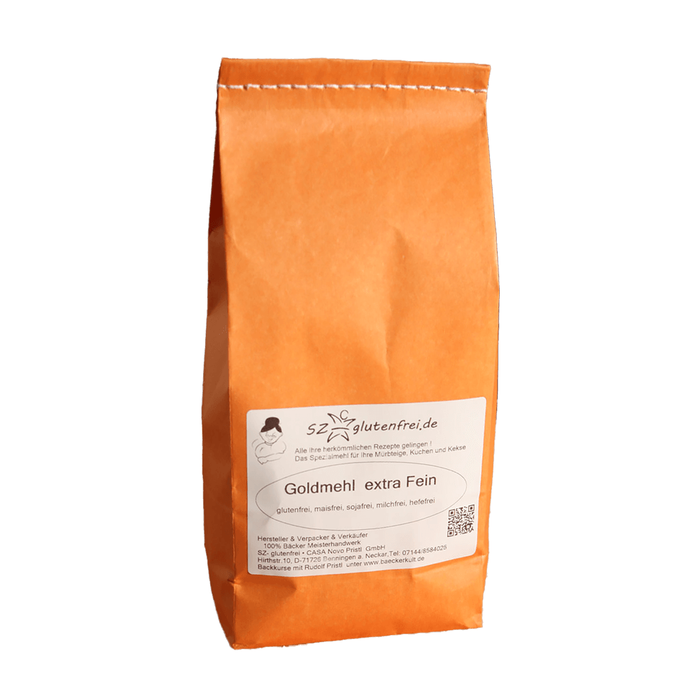 Glutenfreies Goldmehl in einer orangenen Papierverpackung ohne Hintergrund.