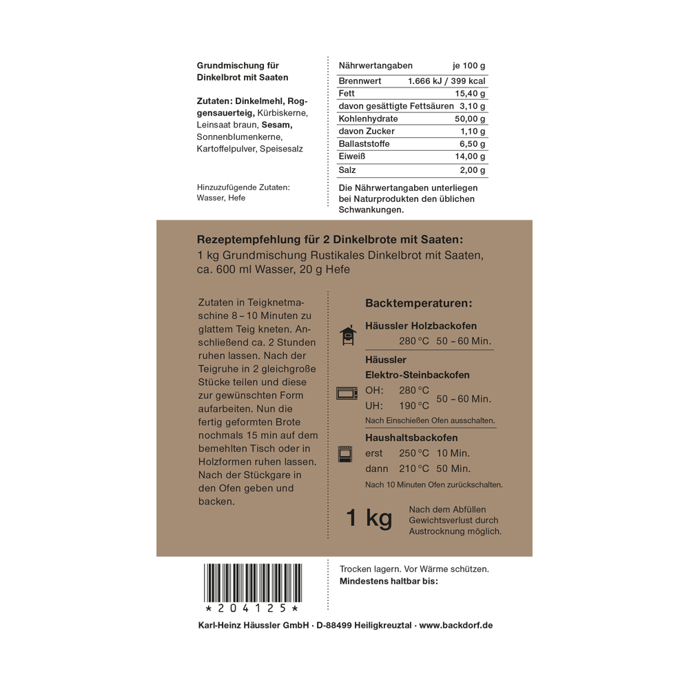 Mehl-Geschenk: ein kleines Dankeschön Dinkel-Saatenbrot 1 kg Weiße Verpackung mit braunem Aufkleber: Mehl-Geschenk: ein kleines Dankeschön (Dinkel-Saatenbrot) 1 Kilogramm