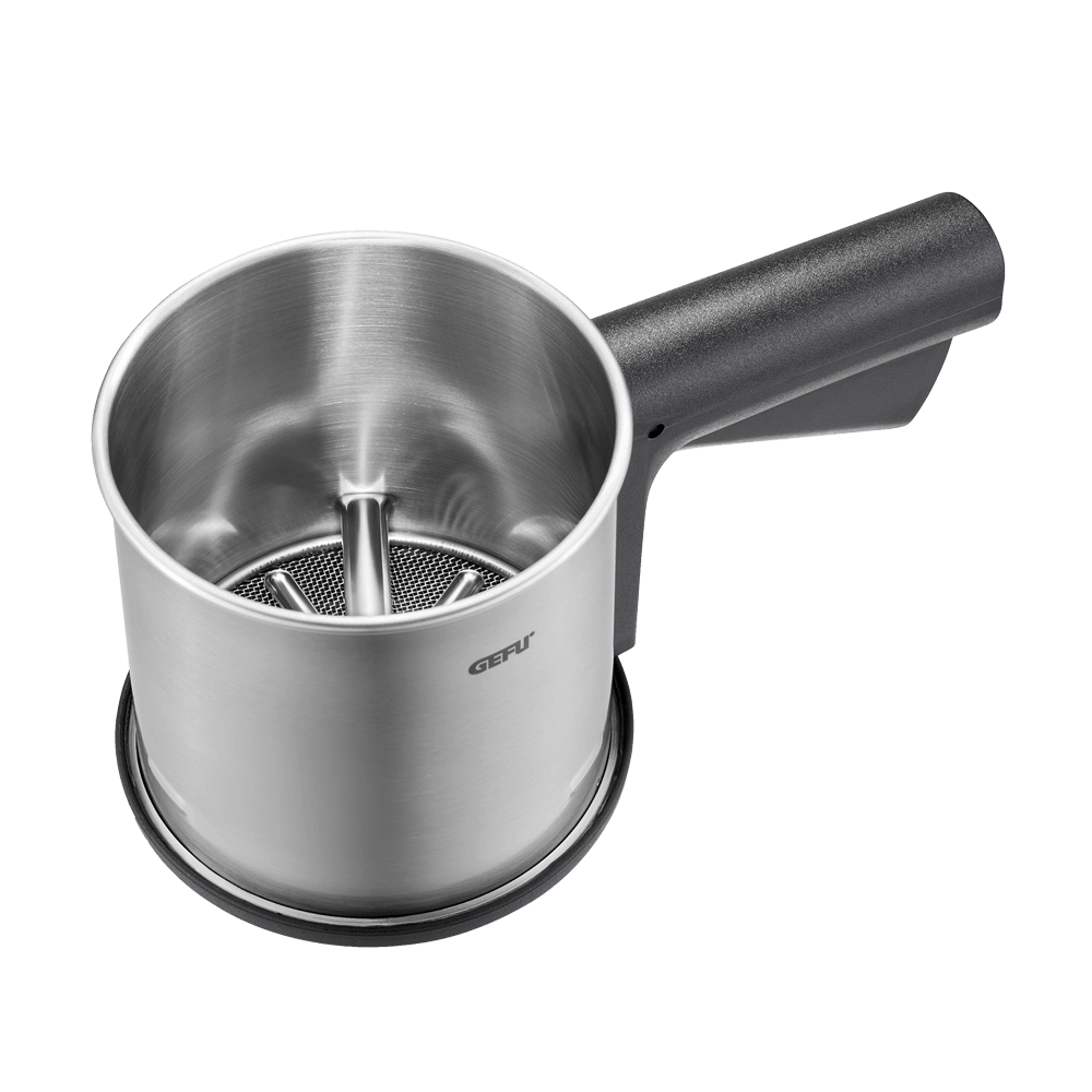 Einhandmehlsieb Ø 10 cm Ansicht eines Einhandmehlsiebes aus Edelstahl von oben. Im inneren des Siebes befinden sich Stäbe aus Edelstahl die sich durch Druck auf den Griff bewegen und somit den Inhalt durchsieben