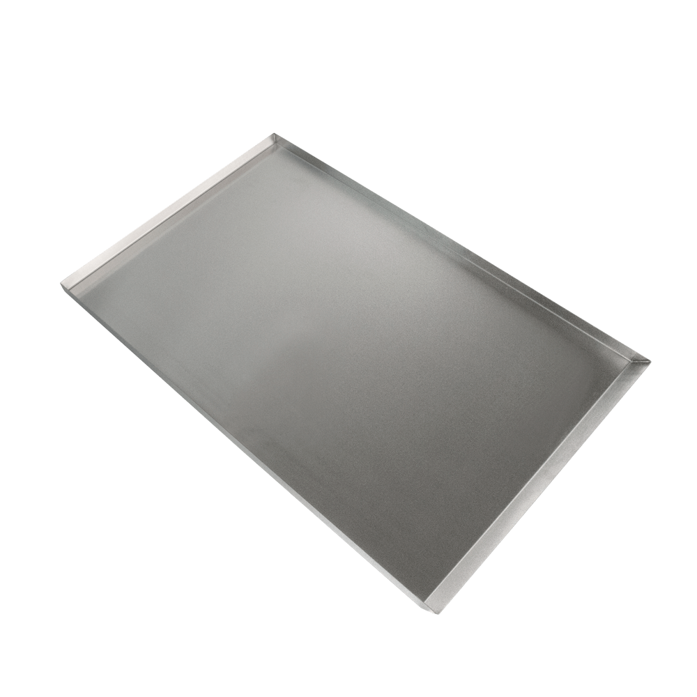 Backblech Edelstahl 64x100 cm Backblech aus Edelstahl mit den Maßen 64 auf 100 Zentimeter und einer Randhöhe von 3 Zentimeter. Ohne Hintergrund abgebildet