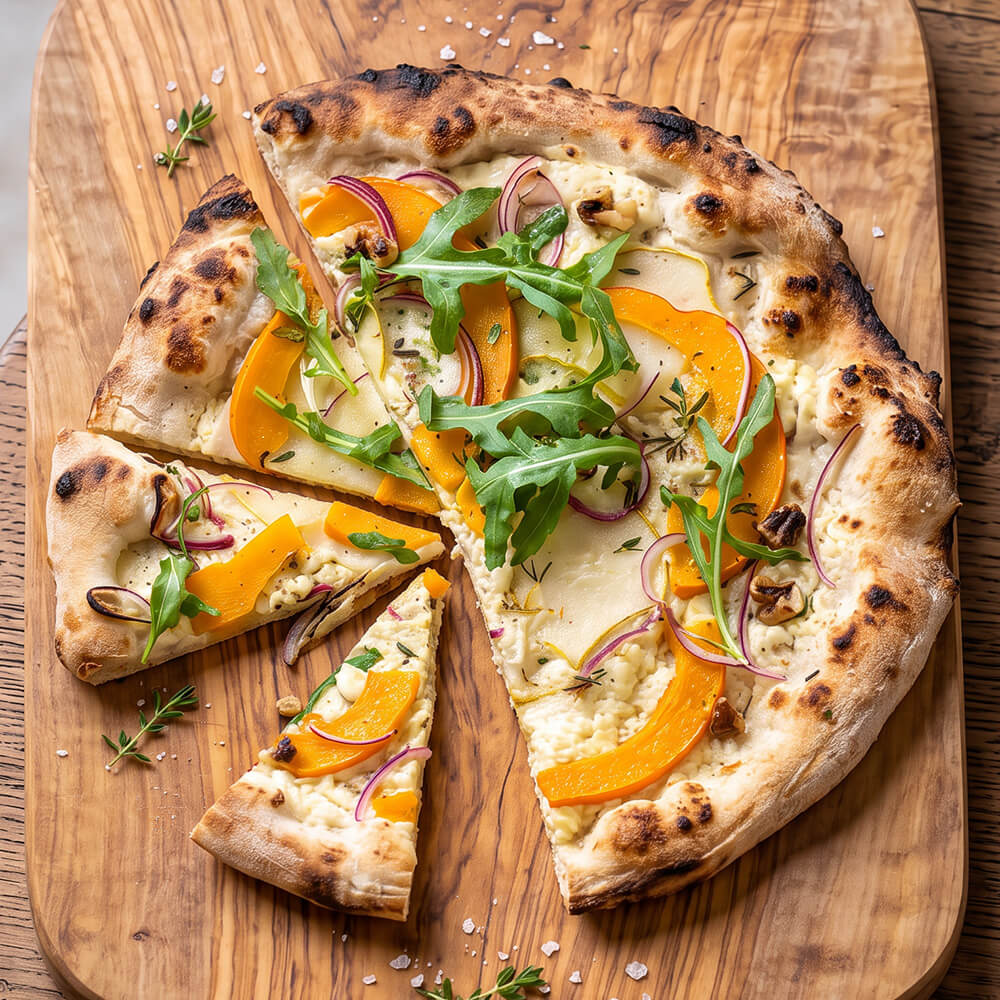 frische Pizza belegt mit Kürbis und Rucola auf einem Holzbrett