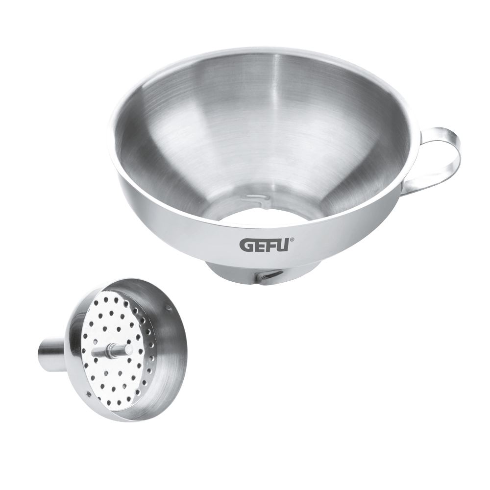 Einmachtrichter Der Einmachtrichter ist aus Edelstahl und ist 2-teilig. Der Siebeinsatz kann herausgenommen werden.