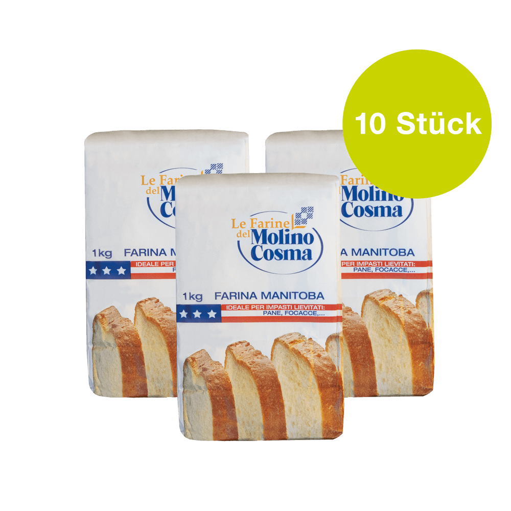 Vorratspackung Manitoba-Mehl Drei 1kg Mehlpackungen Manitoba-Mehl nebeneinander. ohne Hintergrund.