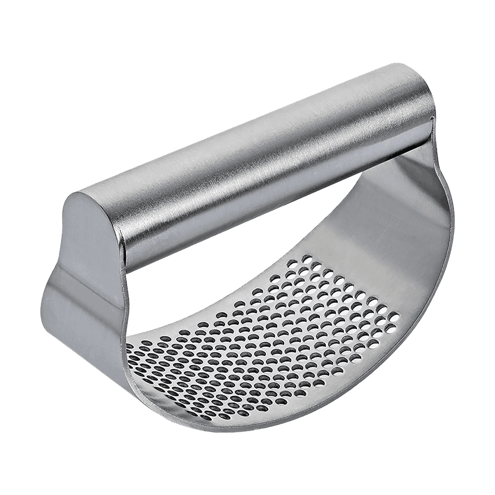 Knoblauchpresse zum Knoblauch zerdrücken aus Edelstahl mit Griff. Ohne Hintergrund abgebildet.
