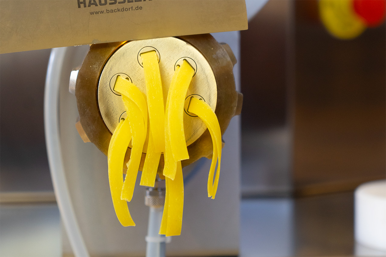 Frische Nudeln werden durch eine Matrize gepresst - Herstellung von Pasta mit speziellen Formen.