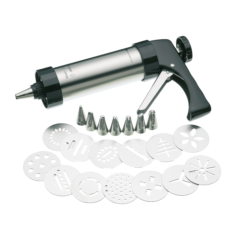 Gebäckpresse Das Bild zeigt ein Dekorierspritzen- und Kekspressen-Set. Dazu gehören mehrere Spritztüllen für unterschiedliche Dekorationsmuster sowie verschiedene Edelstahlscheiben, mit denen sich Kekse in verschiedenen Formen einfach auspressen lassen.