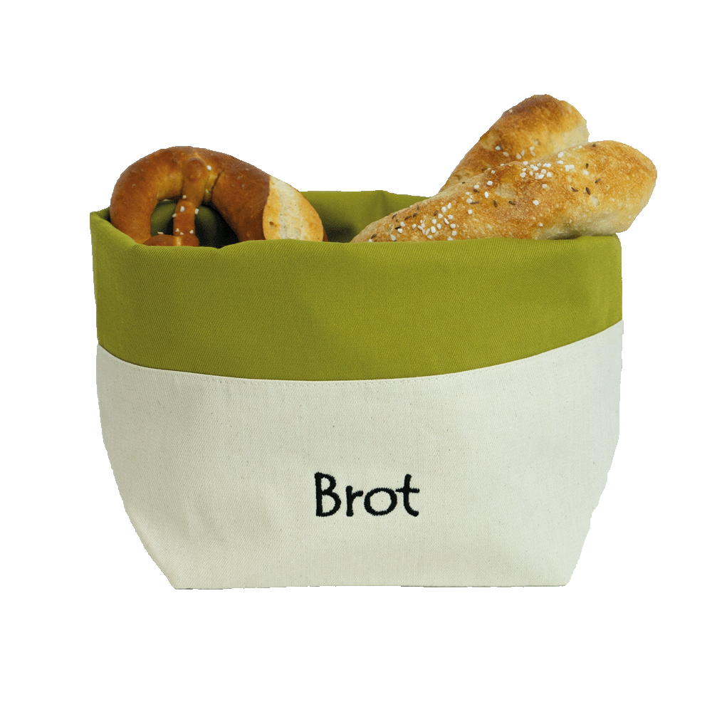 Brottasche aus Baumwolle: Ideal zum Einkaufen, Frischhalten und Servieren. Grüne Brotasche gefüllt mit Gebäck