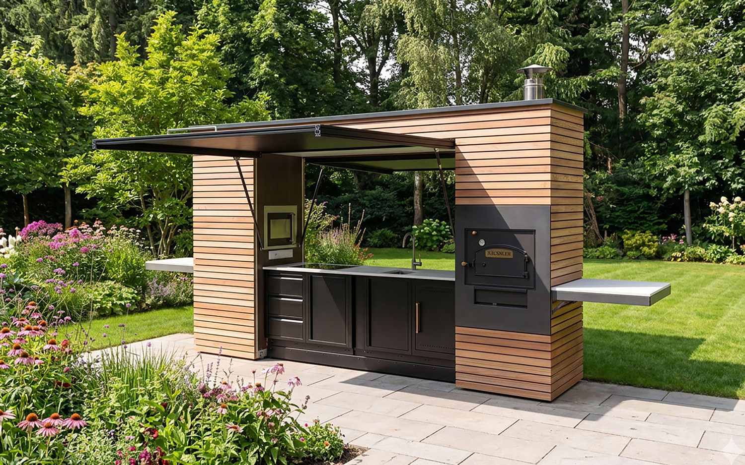 Outdoor-Küche mit Waschbecken, Elektro-Steinbackofen und Holzbackofen mit Holzfassade.