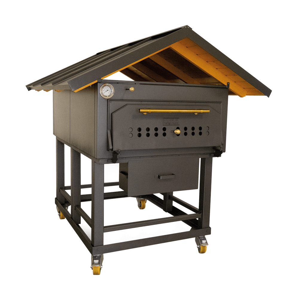 HABO 15 Holzbackofen mit Untergestell mit Rollen und einem Satteldach.