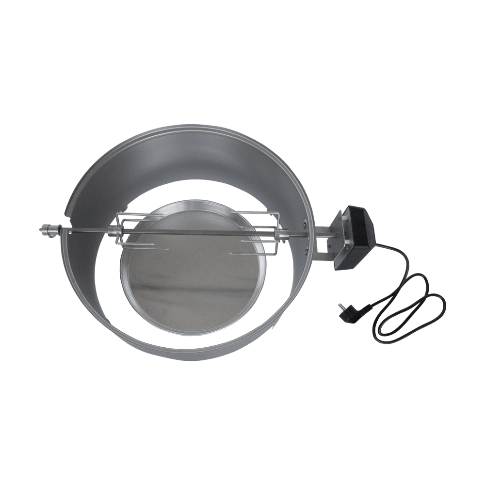 Elektrischer Grillspieß in Zwischenring von Pelletgrill eingehängt. Unten steht eine Tropfschale, ohne Hintergrund in der Draufsicht.